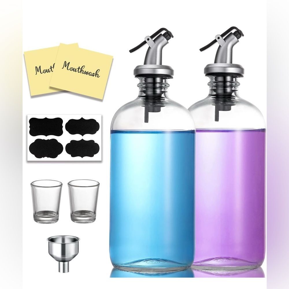 New in box! 2 pack 16-Ounce Glass Mouthwash Dispenser - with Pour Spout!